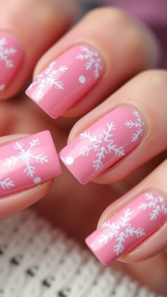 Close-up of pink Christmas nails with white snowflakes design.